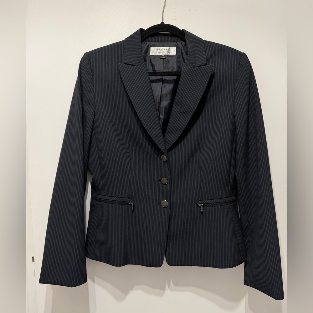 Tahari ASL Women’s 10 Black Pinstripe Blazer Classic Career Academia Preppy Coat